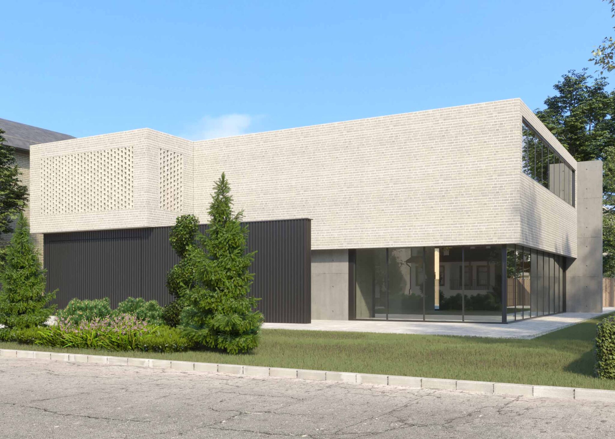 Exterior view of residential project Erica Residence in Toronto, featuring modern minimalist design with light brick, dark vertical slats, large corner windows, and contemporary landscaping.