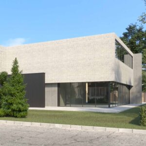 Exterior view of residential project Erica Residence in Toronto, featuring modern minimalist design with light brick, dark vertical slats, large corner windows, and contemporary landscaping.