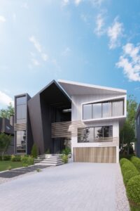 Exterior view of Grangemill Residence, a contemporary home designed by 6ixDesign with bold volumes, natural light, and a timeless approach to family living.