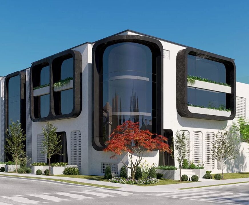 Exterior view of Bayview Townhouses highlighting luxury townhouse design with modern architecture and elegant finishes.