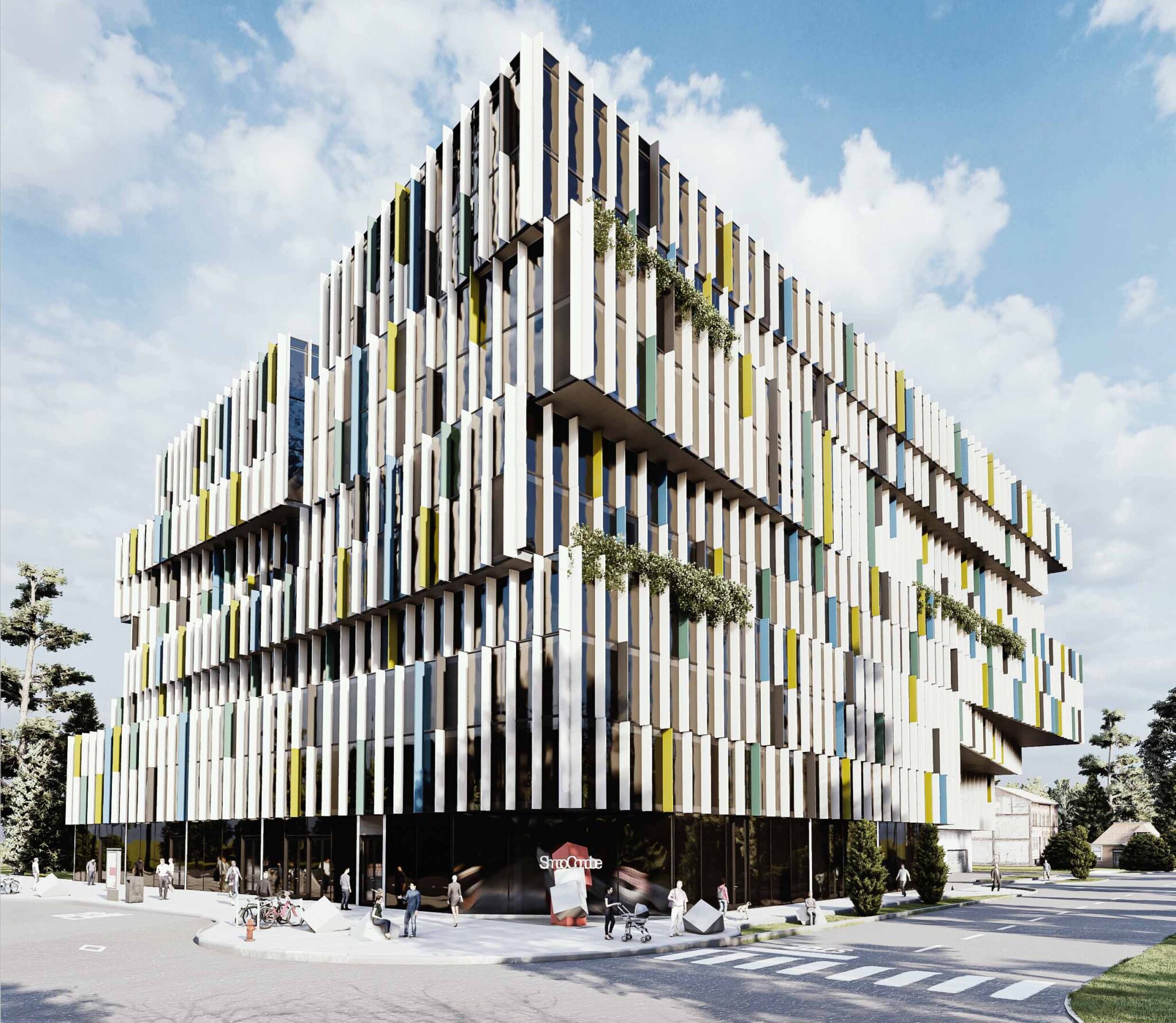 Exterior rendering of Simcoe Community ambitious development in Oshawa, showcasing a modern 10-story building with student and affordable housing.