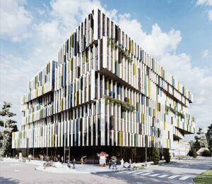 Exterior rendering of Simcoe Community ambitious development in Oshawa, showcasing a modern 10-story building with student and affordable housing.