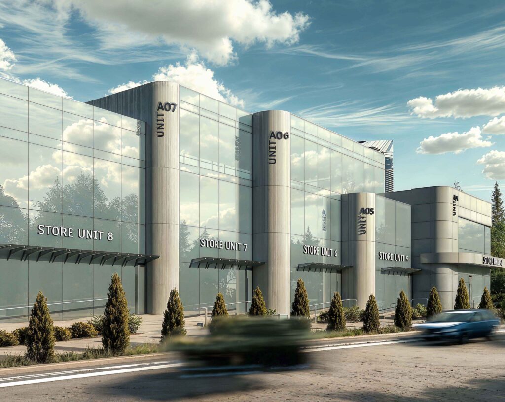 Architectural rendering of Holland Landing Commercial Centre highlighting glass façades, landscaped plazas, retail storefronts, and professional office spaces.