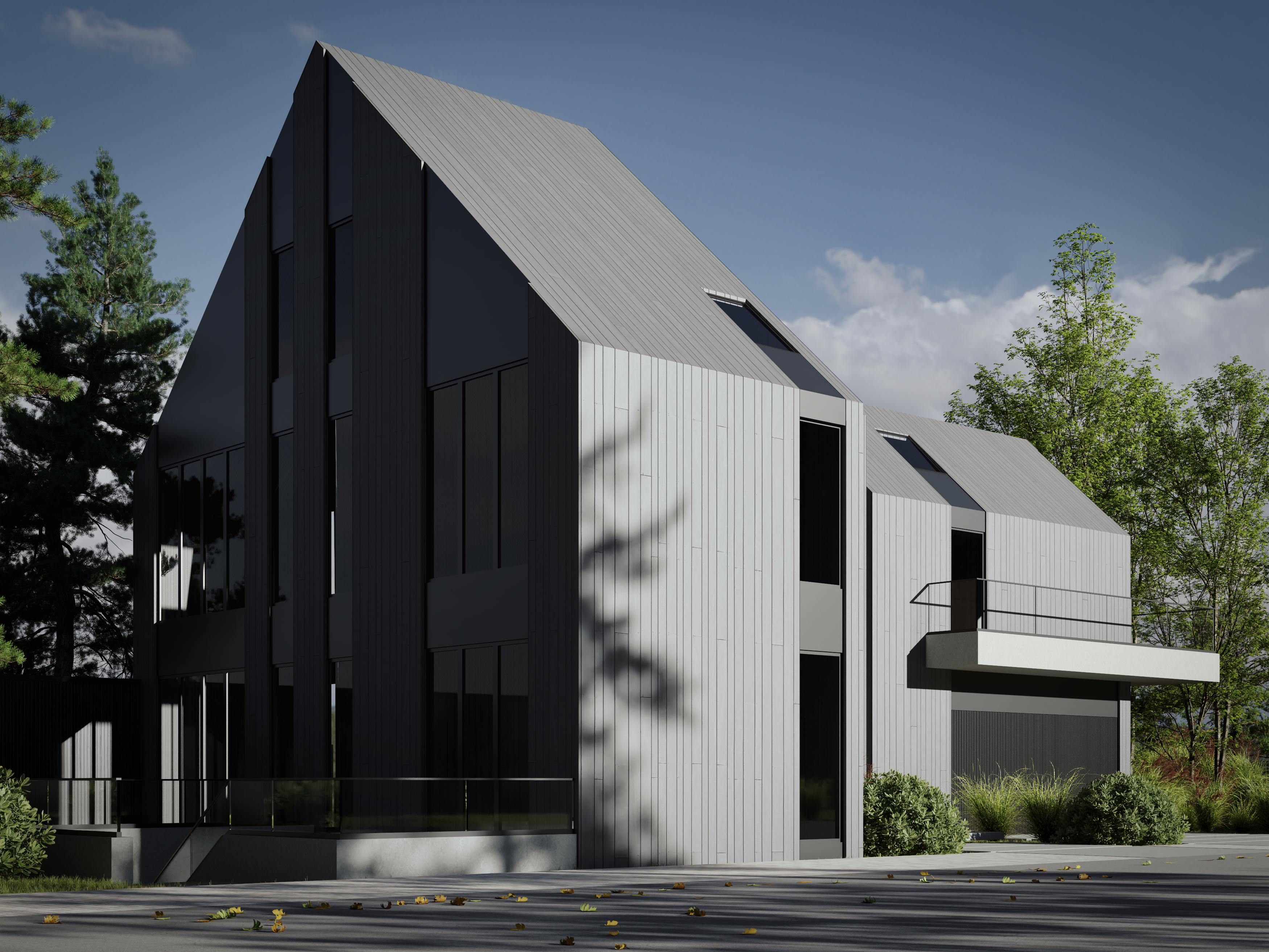 Modern black-gabled house with vertical wood cladding, minimalist windows, and geometric rooflines — contemporary residential architecture set against a natural landscape.