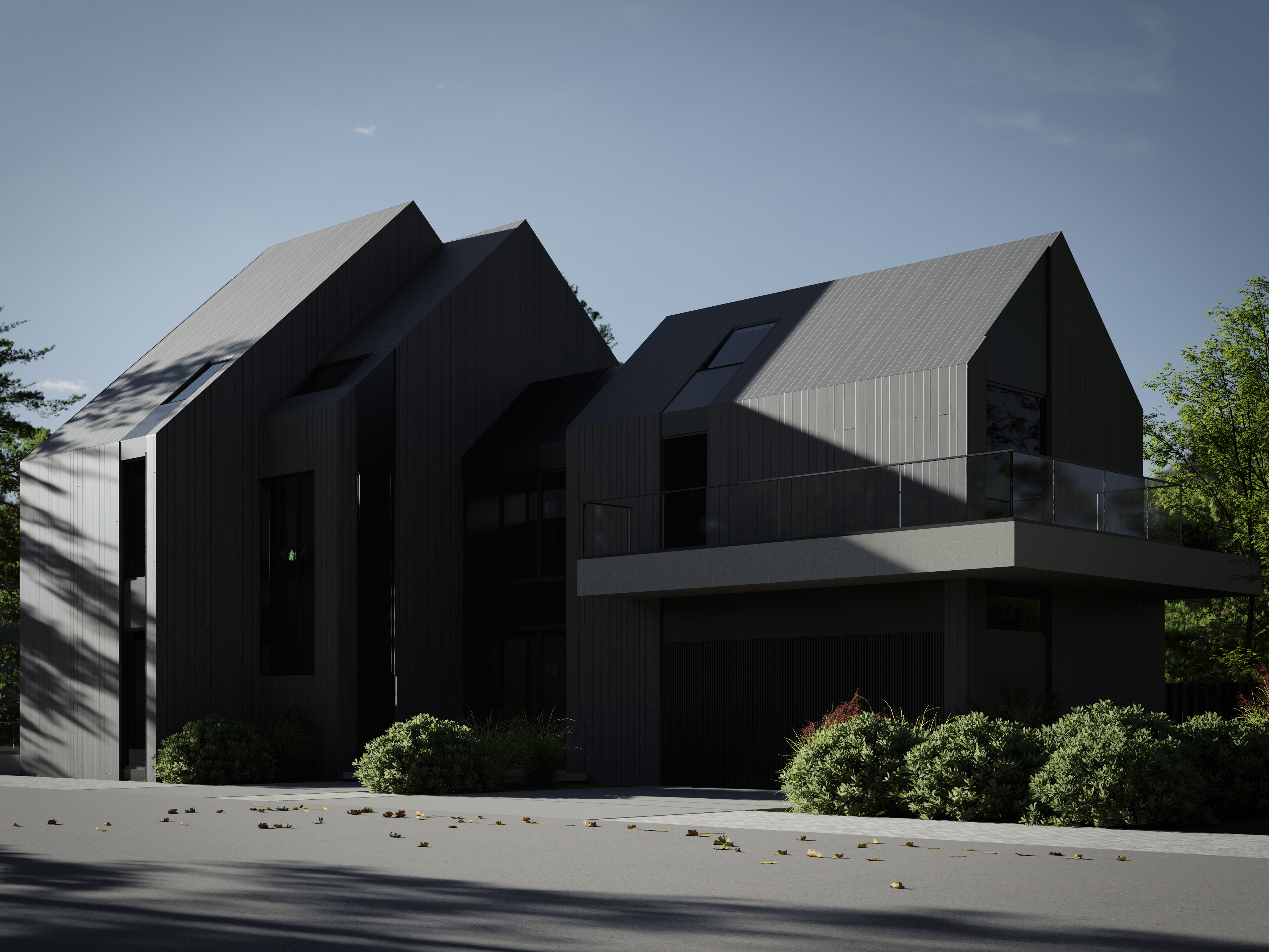 Contemporary gabled home with matte black exterior, rooftop skylights, and glass-balustrade terrace — sustainable architectural design blending modern form and natural surroundings