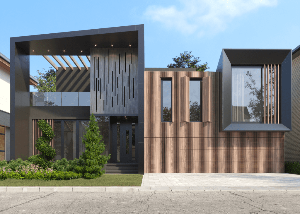 Bold modern residence with geometric black framing, vertical wood slat cladding, cantilevered glass balcony, and oversized cube window — innovative architectural design blending natural textures with contemporary form