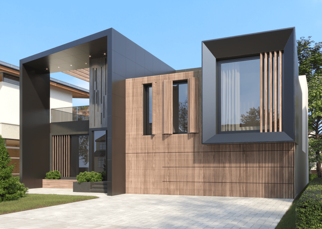 1640 Glenburnie Rd​ view 2 of Bold modern residence with geometric black framing, vertical wood slat cladding, cantilevered glass balcony, and oversized cube window — innovative architectural design blending natural textures with contemporary form
