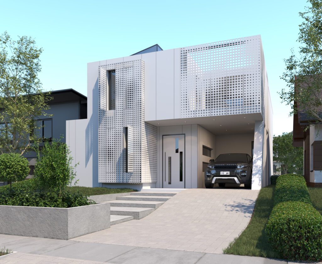 Contemporary custom home with minimalist white façade, perforated metal screen detailing, flat roof, and integrated carport — innovative modern residential architecture emphasizing privacy and geometric design