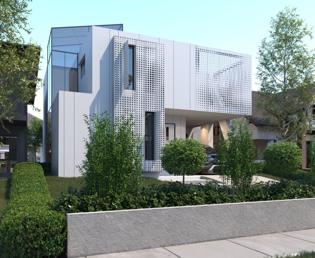 Front view of Thatcher Residence​ Contemporary custom home with minimalist white façade, perforated metal screen detailing, flat roof, and integrated carport — innovative modern residential architecture emphasizing privacy and geometric design