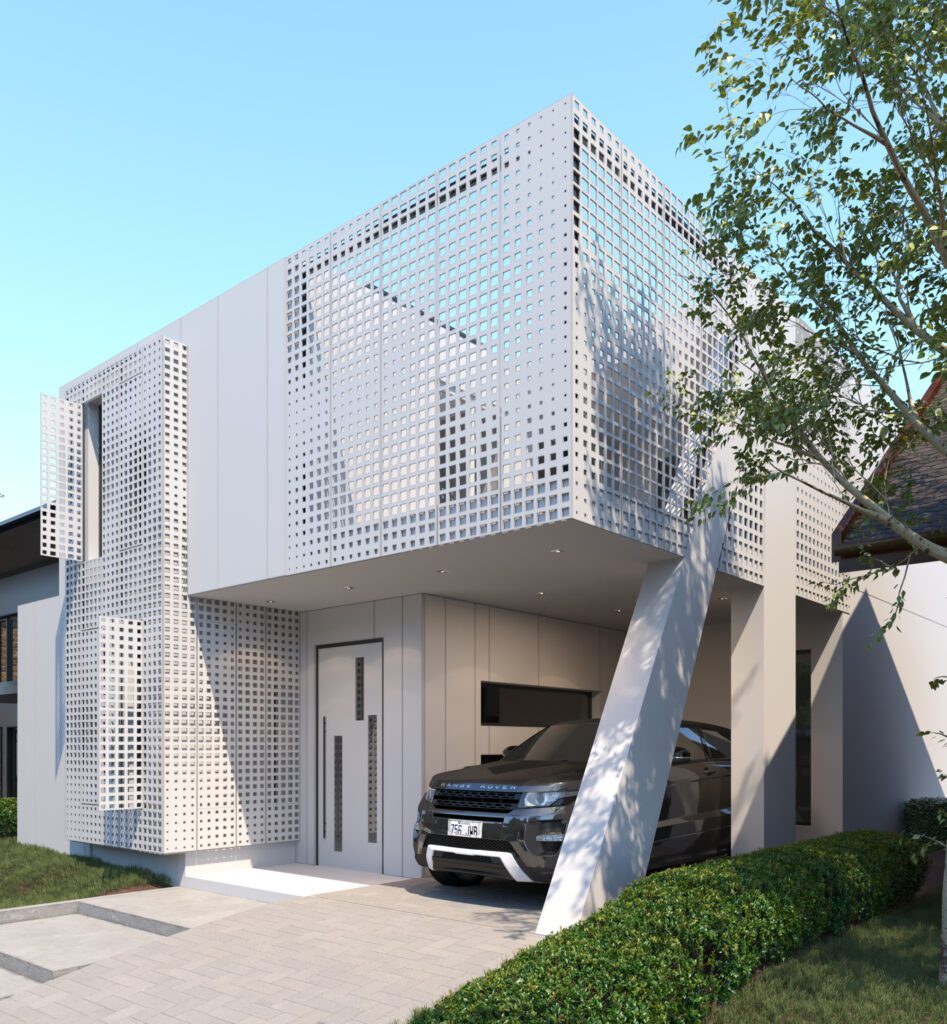 Thatcher Residence​ is a Contemporary custom home with minimalist white façade, perforated metal screen detailing, flat roof, and integrated carport — innovative modern residential architecture emphasizing privacy and geometric design
