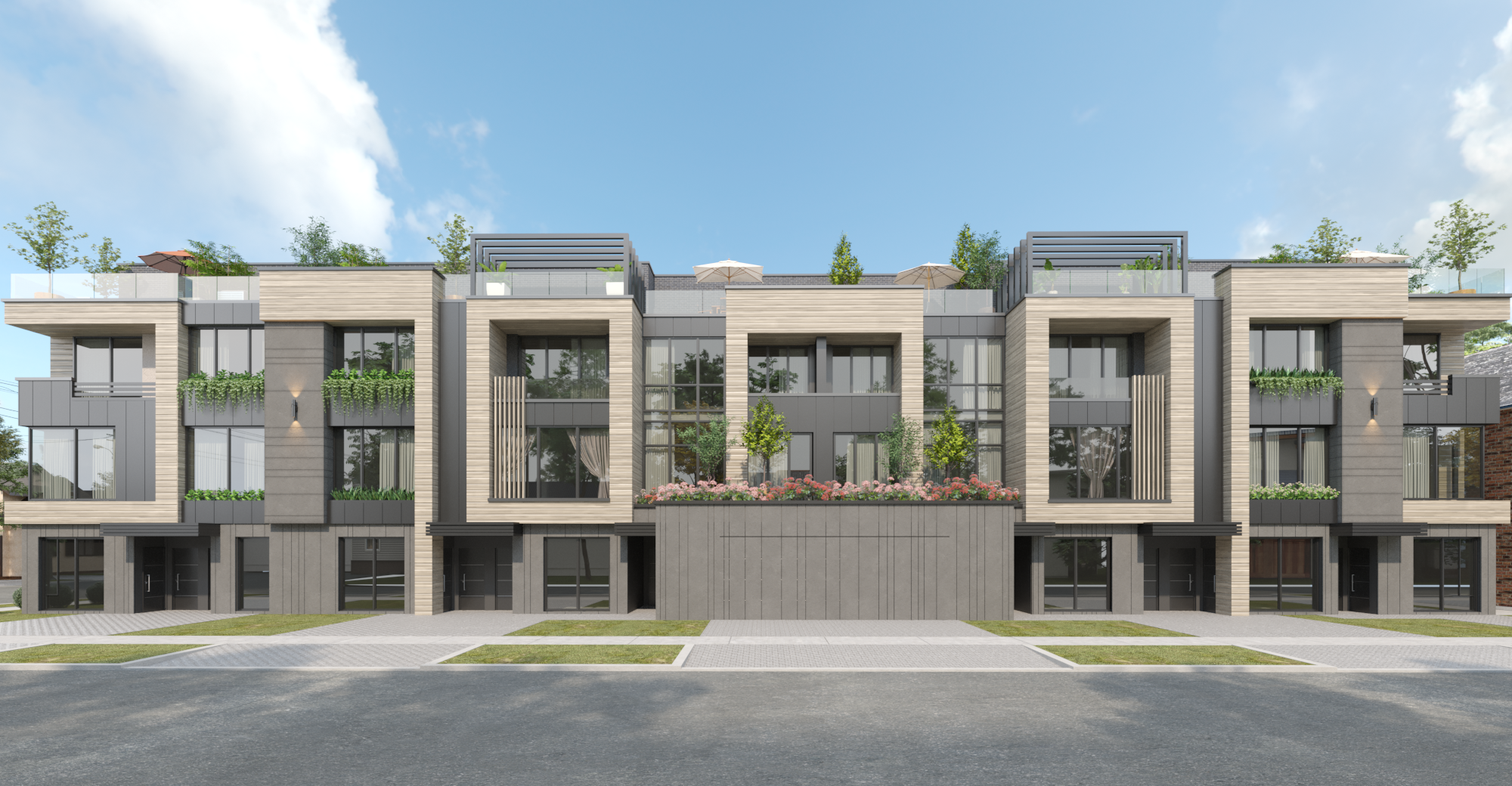 Modern townhouse development with wood and metal cladding, private balconies, rooftop terraces, and large windows — sustainable multi-unit residential architecture in an urban neighborhood.