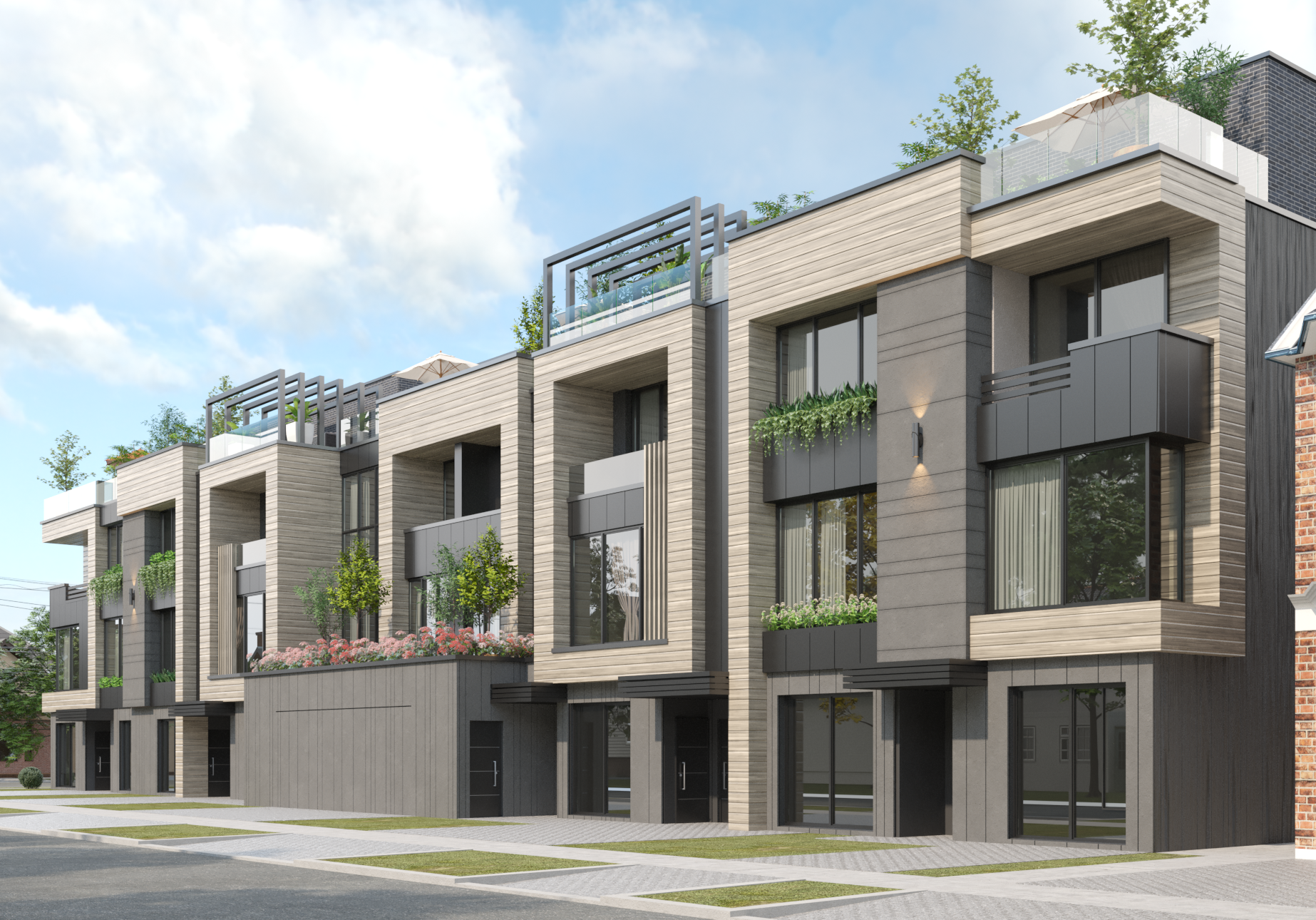 Modern townhouse development with wood and metal cladding, private balconies, rooftop terraces, and large windows — sustainable multi-unit residential architecture in an urban neighborhood.