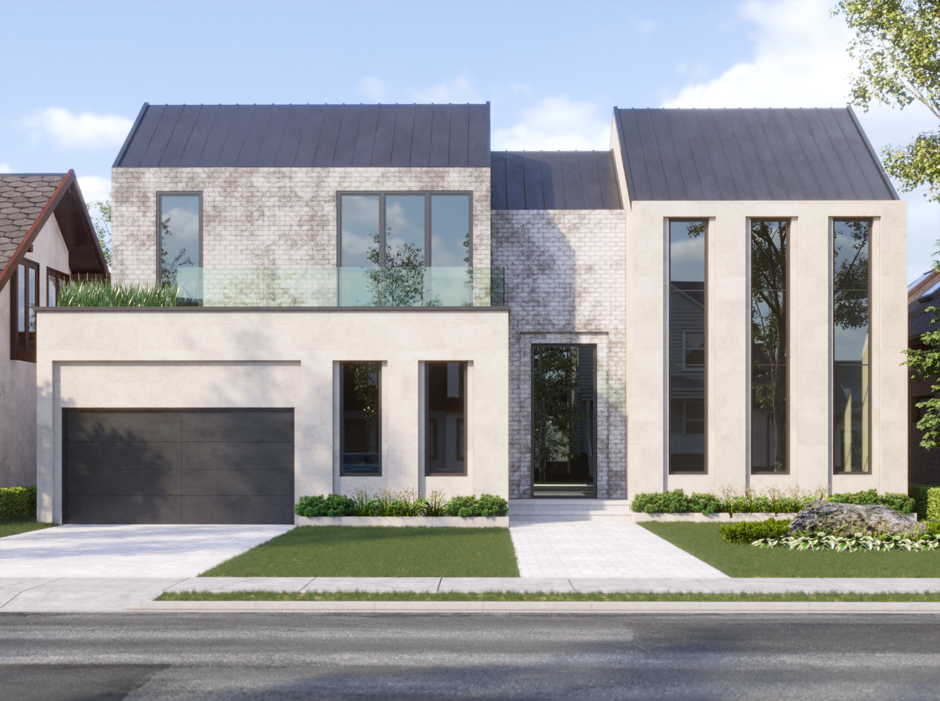 Modern custom-built home with gabled roof, tall vertical windows, light stone façade, and integrated garage in a Toronto residential neighborhood, showcasing minimalist architectural design and clean geometry.