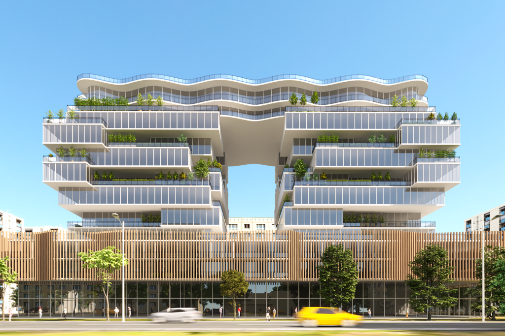 Modern mixed-use residential tower with cantilevered glass balconies, rooftop greenery, and wave-inspired architectural design on Lakeshore Boulevard, Toronto – sustainable urban development with luxury living and retail podium.