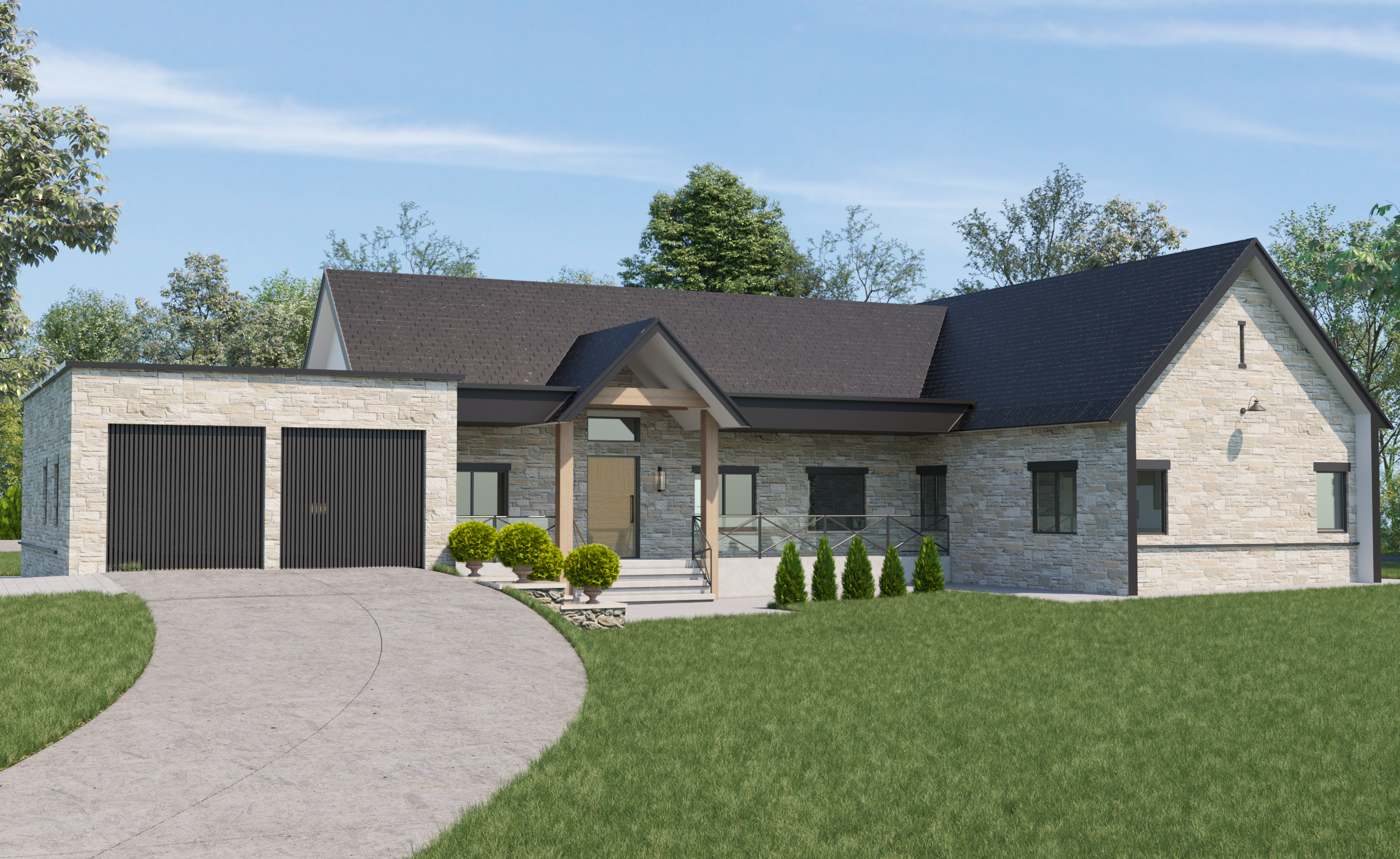 Modern stone cottage with pitched roof, covered front porch, double garage, and landscaped front yard — contemporary countryside cottage design blending rustic charm with clean architectural lines