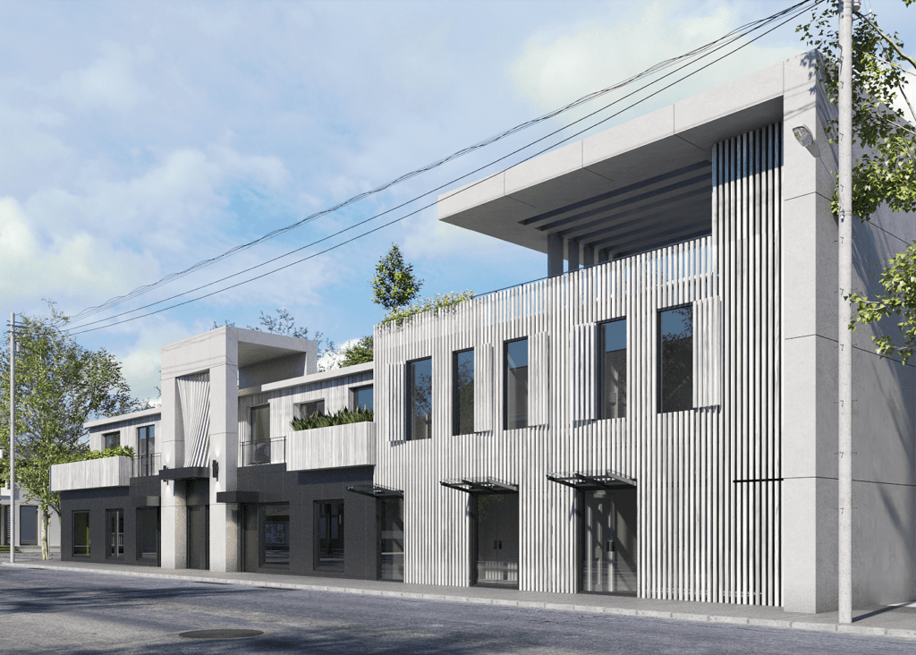 Modern mixed-use building with vertical slat façade, minimalist concrete design, rooftop greenery, large windows, and affordable housing design Toronto.
