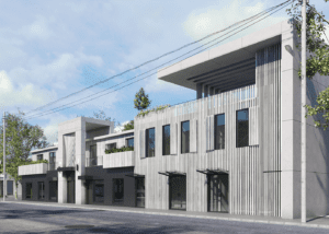 Modern mixed-use building with vertical slat façade, minimalist concrete design, rooftop greenery, large windows, and affordable housing design Toronto.