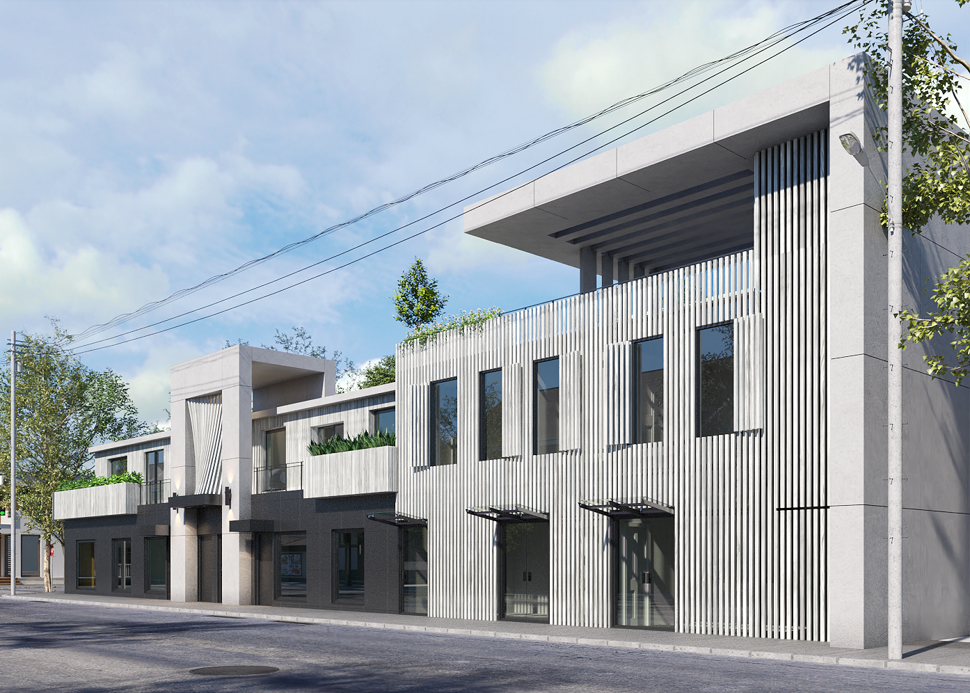Modern mixed-use building with vertical slat façade, minimalist concrete design, rooftop greenery, large windows, and affordable housing design Toronto.